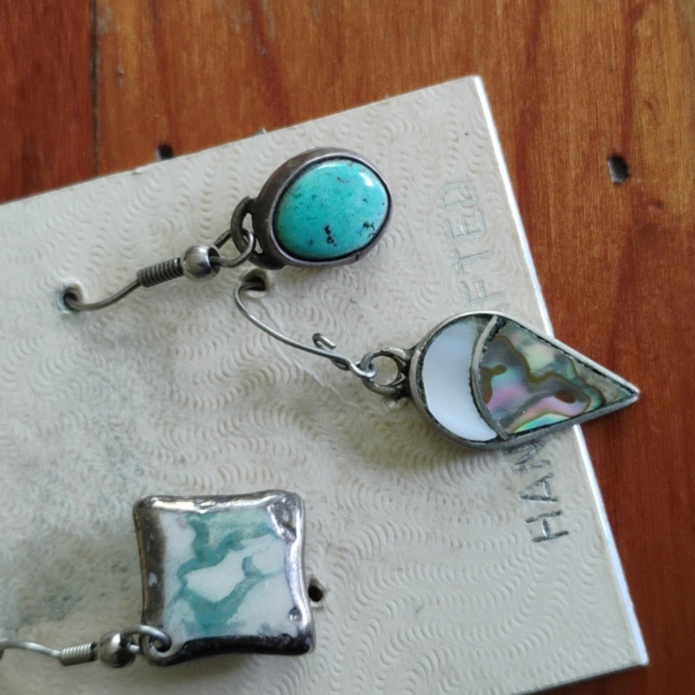 SINGLE Earrings set of THREE Abalone, Rose Quartz & Turquoise SILVER WIRE